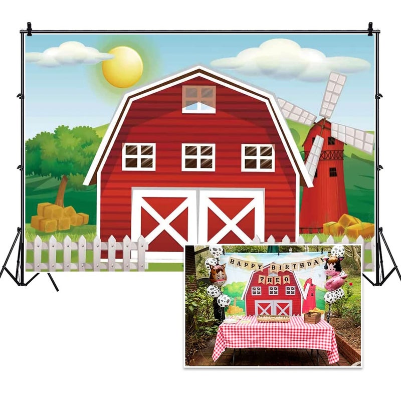Haoyiyi 10x8ft Happy Birthday Background Cartoon Red Barn Farm Green Grass Trees Fence House Wildmill Backdrop Photography Photo 1st First Princess Favors Party Photo Booth Studio Prop - Image 3